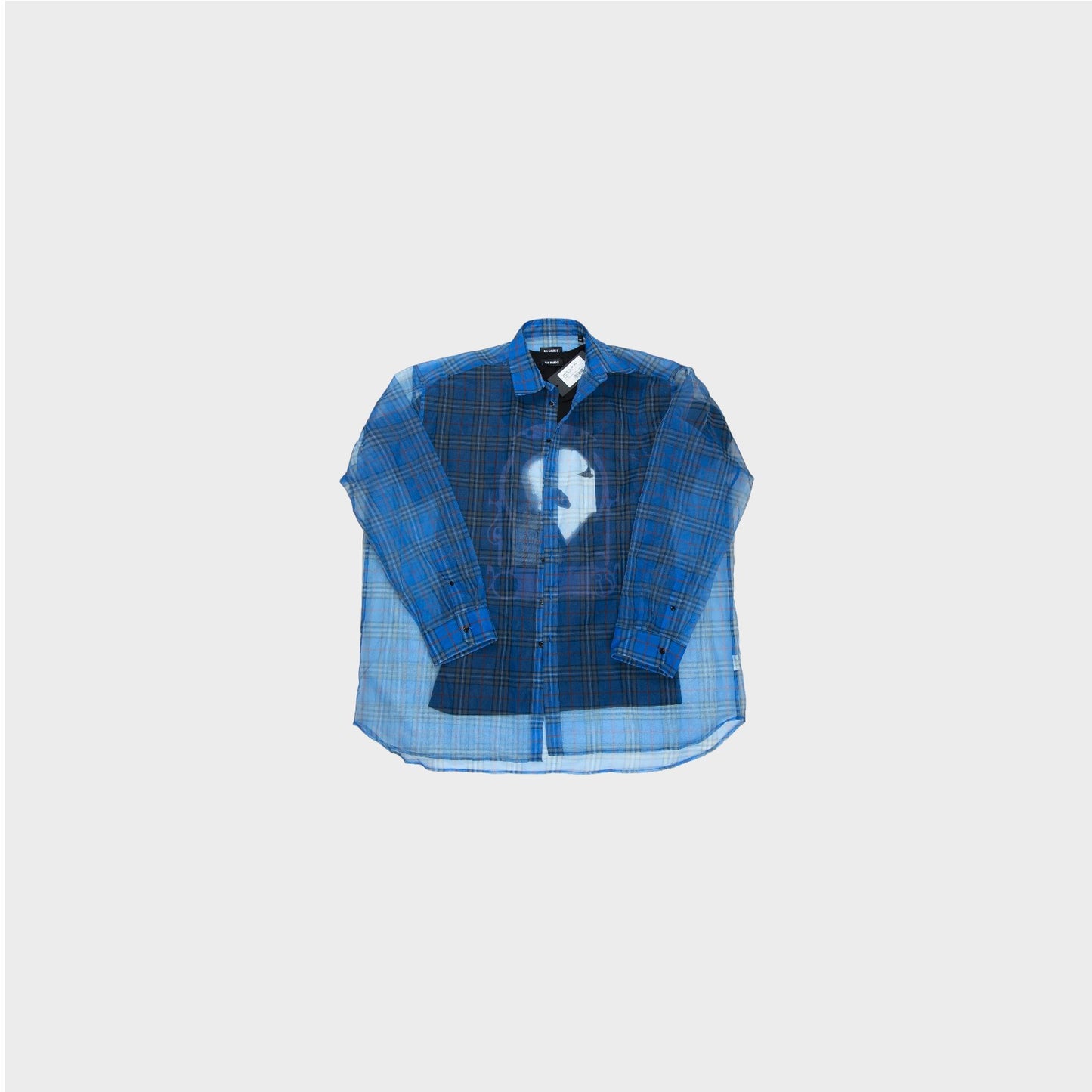 Raf Simons Shirt, Multi, Long-Sleeve Checked Transparent Blue Shirt w/ T-Shirt