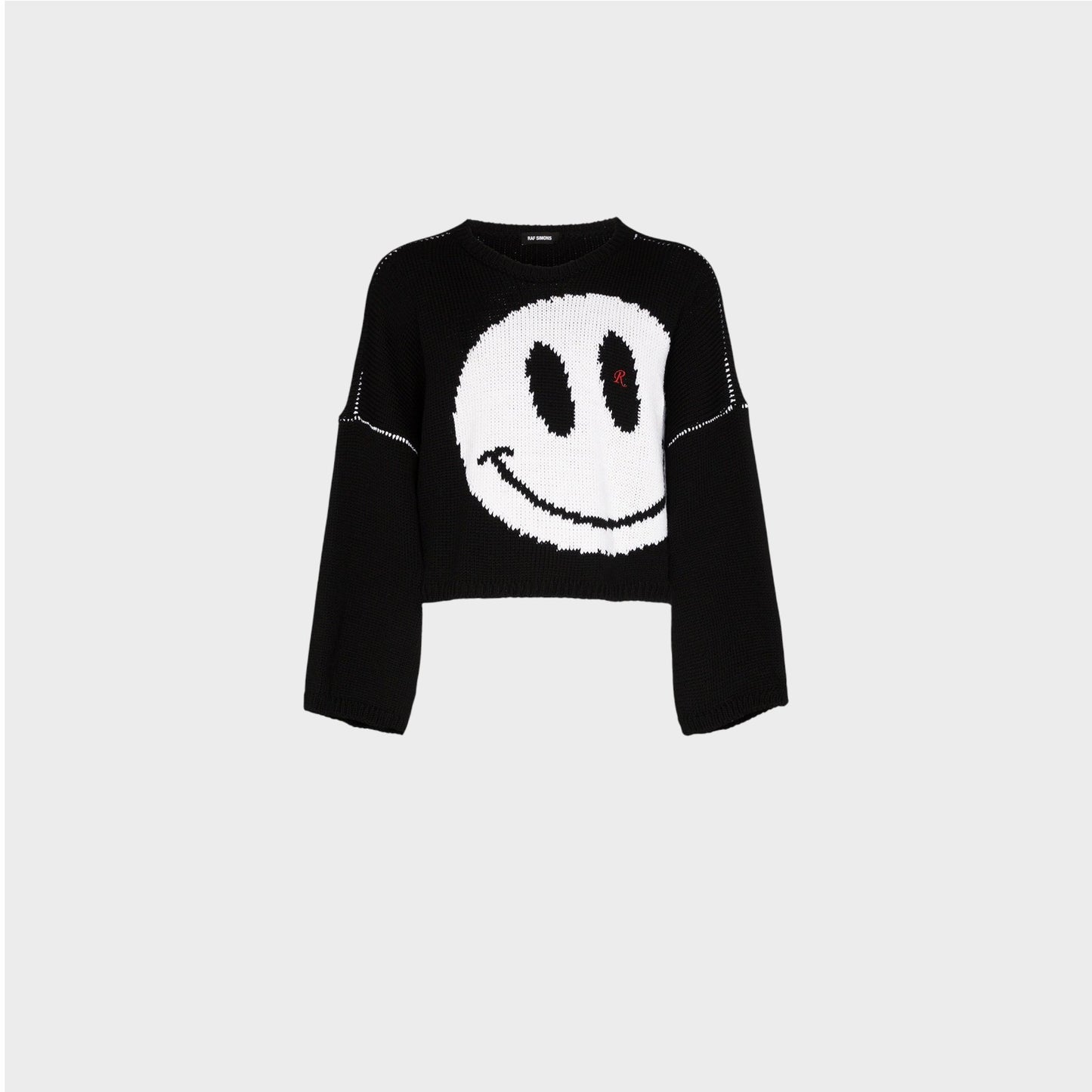 Raf Simons Knitwear, Multi, Virgin Wool Oversized Crew Neck Cropped Sweater in Black and White w/ Smiley Jacquard