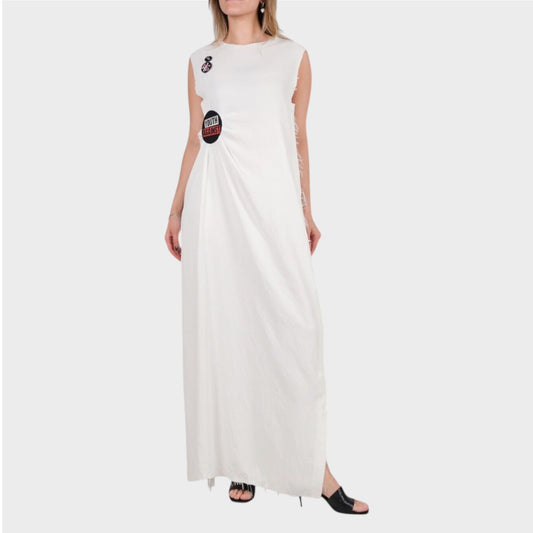 Raf Simons Dress, White, Crew Neck Sleeveless Draped Waist Long Dress w/ Press Button and Badges #7