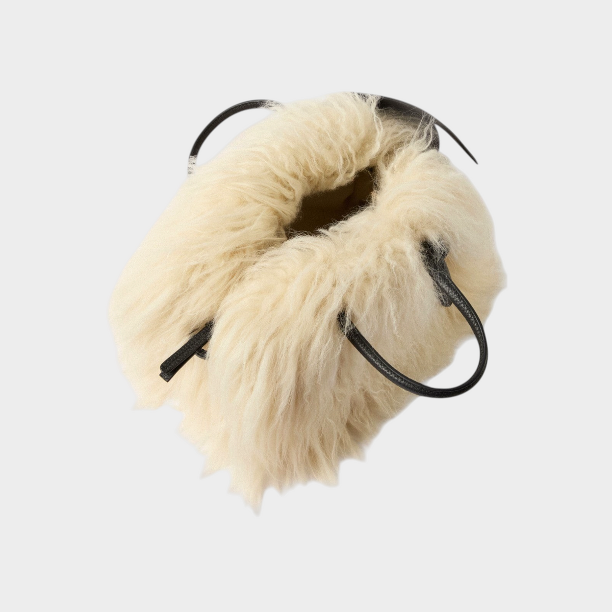 Tasoni Jacquemus Le Petit Turismo small bowling bag in off-white shearling with black leather handles