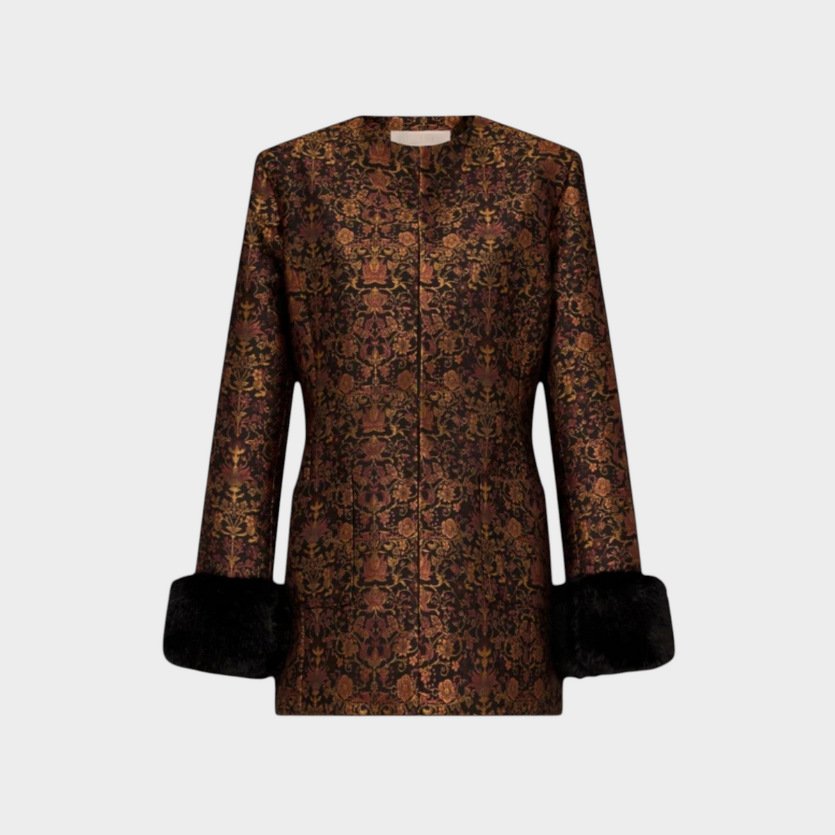 Tasoni Destree Lea Garden structured jacket in black and rust floral brocade with plush faux fur cuffs.