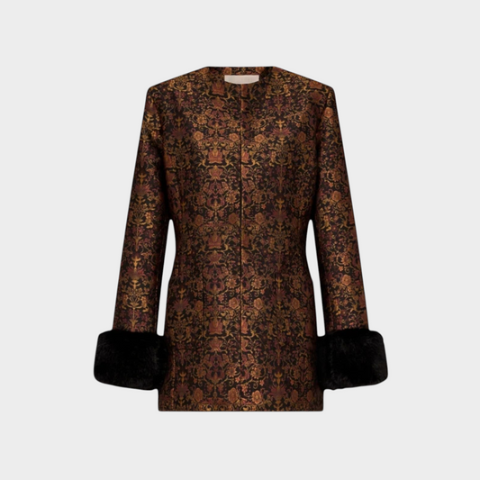 Tasoni Destree Lea Garden structured jacket in black and rust floral brocade with plush faux fur cuffs.