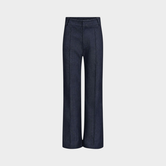 Tasoni Destree Yoshitomo wide leg denim pants in dark blue with front seam detailing.
