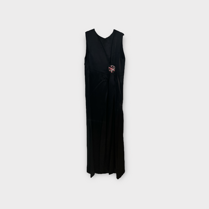 Raf Simons Dress, Black, Satin Crew Neck Sleeveless Draped Waist Long Dress w/ Bow Detail and Badge #20