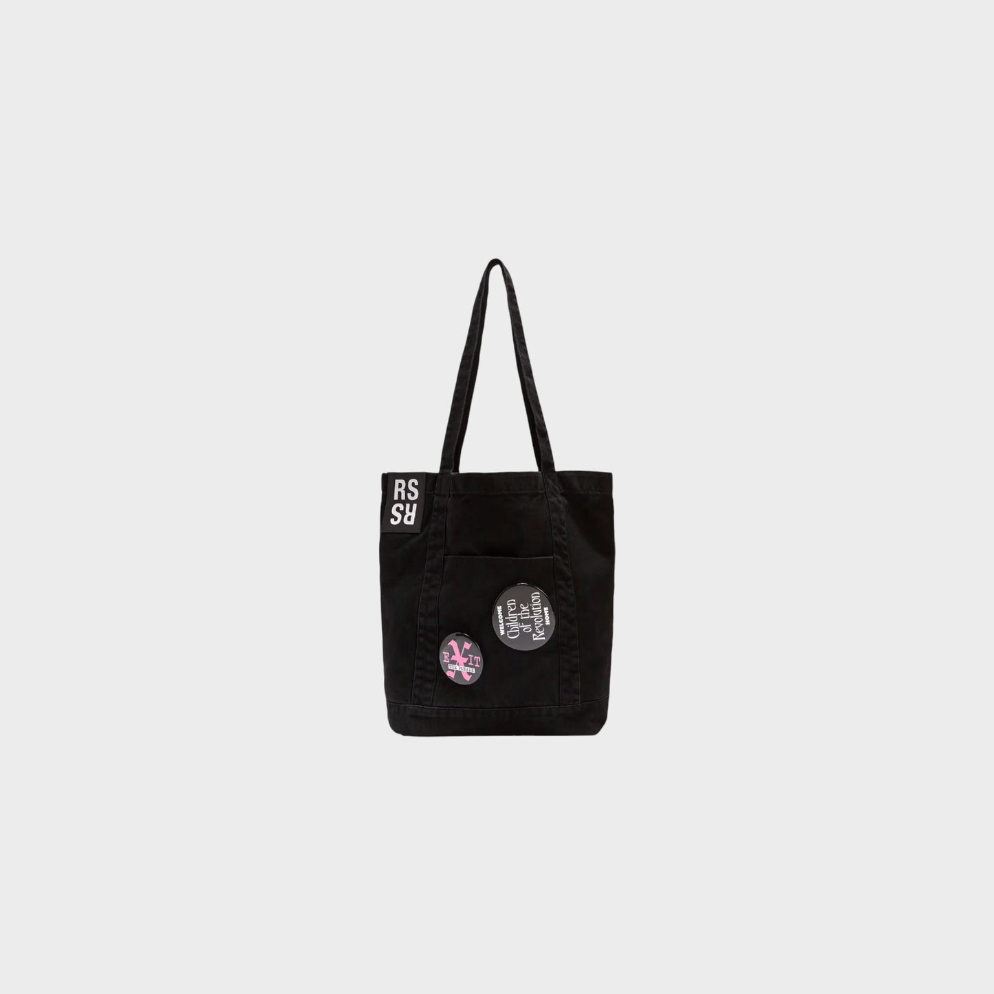 Raf Simons Tote Bag, Black, Cotton Denim Top Handle Bag w/ Badges
