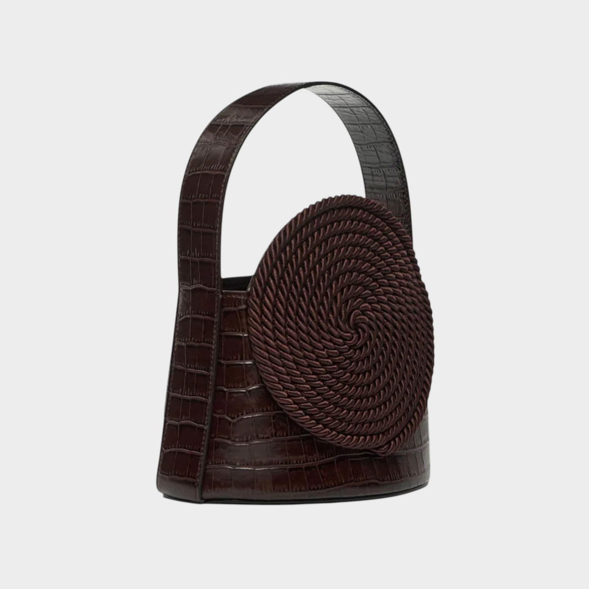 Tasoni Destree Gunther dark brown croco-embossed leather bag with circular passementerie trim and top handle