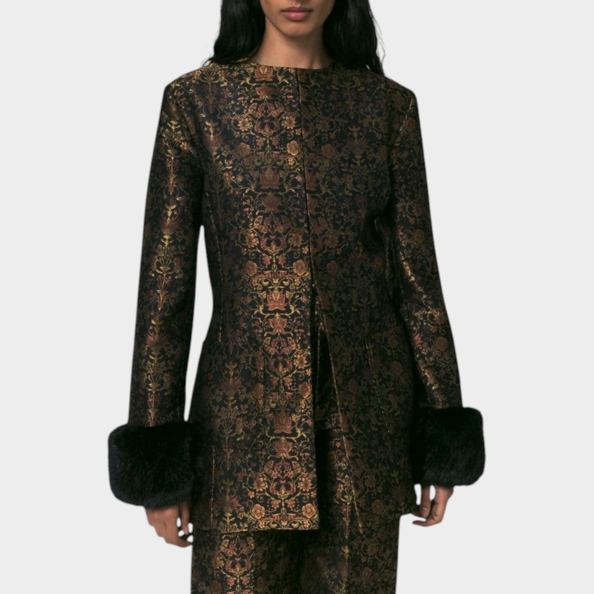Tasoni Destree Lea Garden structured jacket in black and rust floral brocade with faux fur cuffs on a model